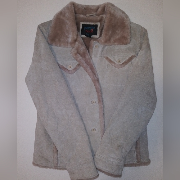 Women's Pacific Rose Nubuck Leather Tan Coat Size Medium With Faux Fur - Picture 1 of 9